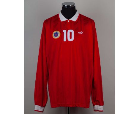 Mike Duxbury red and white No.10 Hong Kong XXI v. International Opposition long-sleeved shirt, 1994-96, Puma, XL, with button