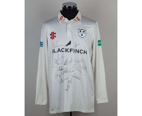 Josh Tongue white No.24 Worcestershire cricket shirt, player worn Grey Nicholls size L, button up collar with embroidered bad