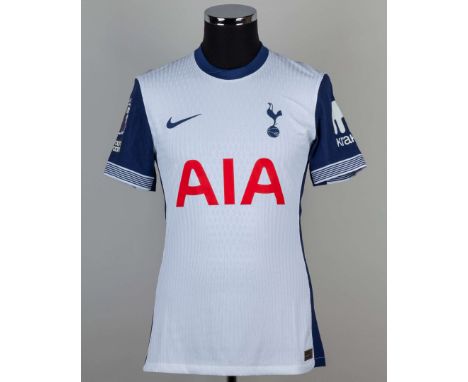 James Maddison white and blue No.10 Tottenham Hotspur short-sleeved shirt, 2024-25, with crew-neck collar and printed badge, 