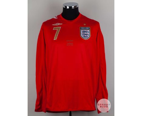 David Beckham red and white No.7 England v. Jamaica match issued long-sleeved shirt, 2006, Umbro, L, with v-neck collar and e