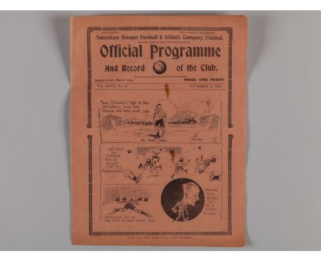 Tottenham Hotspur v Sheffield Wednesday programme, November 24th 1934, with some staining to the front which has soaked throu