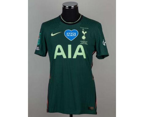 Harry Kane green No.10 Tottenham Hotspur short-sleeved Carabao Cup Final shirt, 2021, Nike size L with crew-neck collar, prin