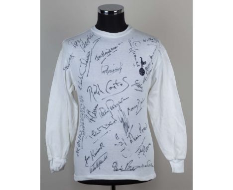 White Tottenham Hotspur long sleeved replica home shirt, signed in black pen by 24 former players, including Steve Perryman, 