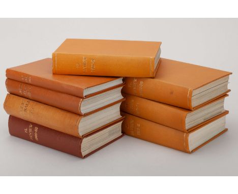 Eight bound volumes of the Football League Review, running from the 1967-68 season to 1974, with seasons identified in gold o