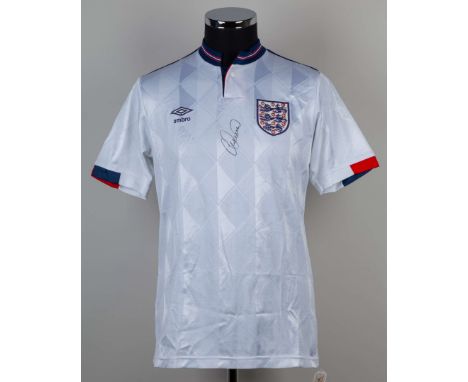 Gary Stevens white and blue No.2 England short-sleeved shirt, 1988-89, Umbro, Medium, with button-up collar and embroidered c
