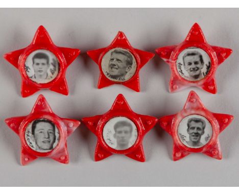 Six rare 1960's vintage Arsenal plastic star badges, featuring Ian Ure, John Barnwell etc, all with black and white centrally