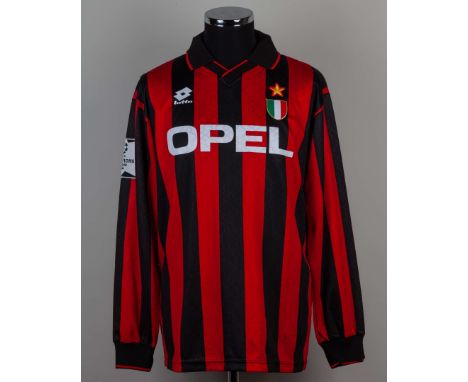 Red and black No.13 AC Milan long-sleeved shirt, 1994-95, Lotto, XL, with v-neck collar and embroidered badge, the right slee