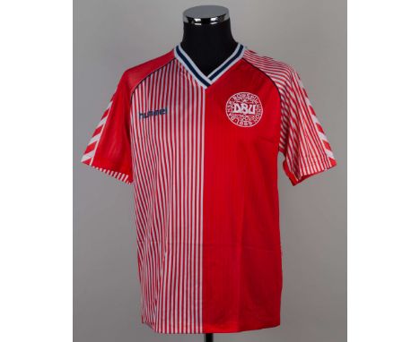 Red and white No.11 Denmark short-sleeved shirt, 1986, Hummel, M, with v-neck collar and printed badge