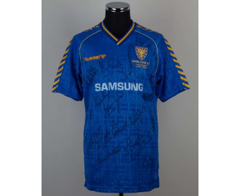 Wimbledon team signed blue No.9 home shirt from the season 1989-90 Centenary Season, Hummel, short-sleeved, club crest and sp