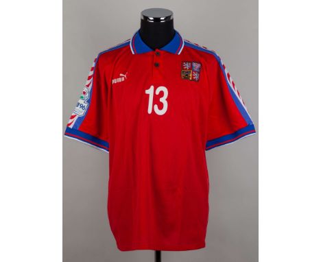 Radek Bejbl red and blue No.13 Czech Republic short-sleeved shirt, 1996, Puma, XL, with button-up collar and embroidered clot