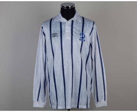 White and blue No.10 Dynamo Kiev long-sleeved shirt, 1994-95, Umbro, XL, with button-up collar and embroidered badge inscribe