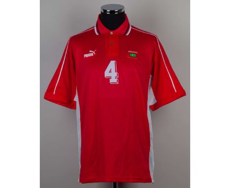 M. Ibrahim red and white No.4 Maldives short-sleeved shirt, Puma, M, with button-up collar and embroidered badge inscribed MA