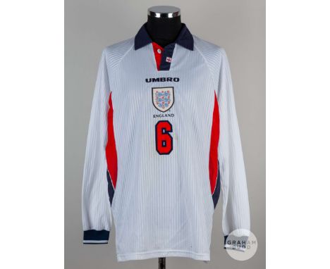 Phil Neville white No.6 England long sleeved England shirt v Chile, February 11th 1998, Player issue, Umbro size XL, button u