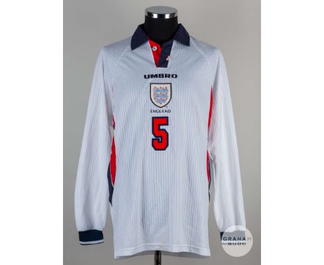 Rio Ferdinand white No.5 England long sleeved shirt v Czech Republic November 18th 1998, Player issue, Umbro size XL, button 