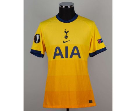 Harry Kane yellow and blue No.10 Tottenham Hotspur v. Dynamo Zagreb short-sleeved shirt, 2021, Nike, L, with crew-neck collar