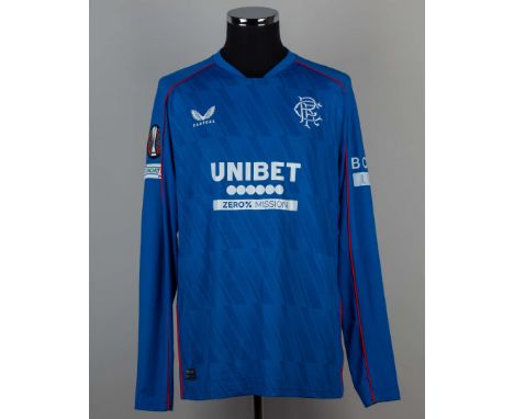 Leon Balogun blue No. 27 Rangers v. Tottenham Hotspur long-sleeved shirt, 2024, Castore, L, with v-neck collar and embroidere