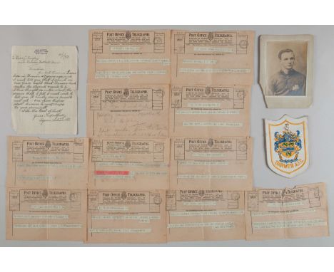 Patrick Quigley collection of ephemera relating to F.A. Cup 3rd round match against Arsenal, including shirt badge, telegrams