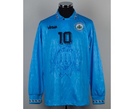 Marco Mularoni sky blue No.10 Sam Marino v. Scotland long-sleeved shirt, Virma, XL, with button-up collar and embroidered clo