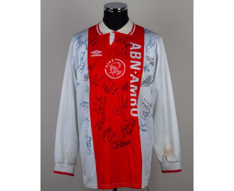 Red and white No.14 Ajax long-sleeved autographed shirt, Umbro, L, with button-up collar and embroidered badge inscribed AJAX