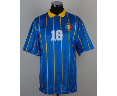 Blue and yellow No.18 Moldova short-sleeved shirt, Puma, L, with button-up collar and printed badge, stained&nbsp;