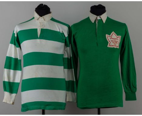 Green and white Belfast Celtic long-sleeved shirt, Umbro, 38, with button-up collar, stained collar, front and back and anoth