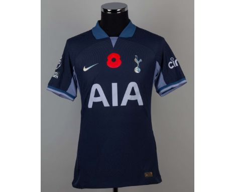 Son Heung-Min blue No.7 Tottenham Hotspur v. Wolverhampton short-sleeved shirt, 2023, Nike, M, with v-neck collar and printed