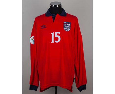 Gareth Barry red and blue No.15 England v. Germany match issued long-sleeved shirt, 2000, Umbro, XL, with button-up collar an