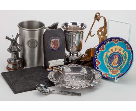Jack Jennings a collection of foreign F.A. souvenirs comprising white-metal windmill NEDERLAND - ENGELAND AMATEURS, 7-3-54, 1