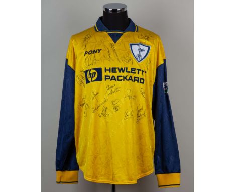Garry Brady yellow and blue No.29 Tottenham Hotspur match issued long-sleeved squad autographed shirt, 1997, Pony, XL, with v