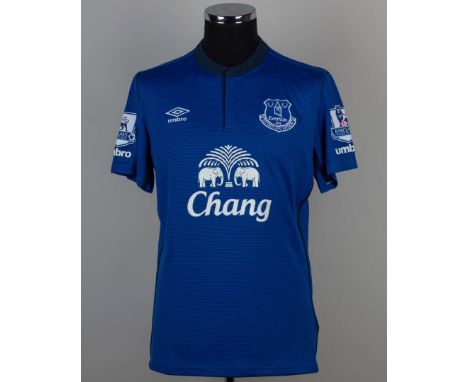 Samuel Eto'o blue No.5 Everton v. Chelsea short-sleeved shirt, 2014, Umbro, L, with button-up collar and embroidered cloth ba