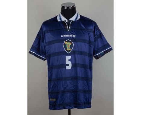 Colin Hendry blue and white No.5 Scotland short-sleeved shirt, Umbro, Large, with button-up collar and and embroidered cloth 