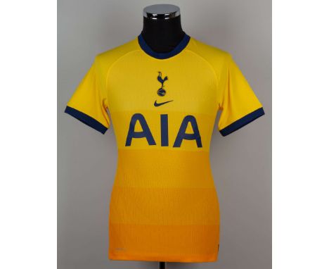 Son Heung-Min yellow and blue No.7 Tottenham Hotspur v. Shkendija short-sleeved shirt, 2020, Nike, S, with crew-neck collar a