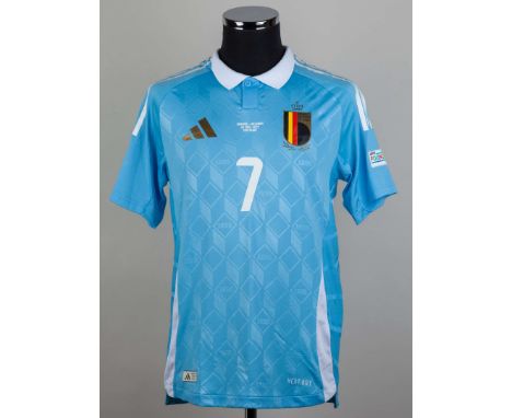 Kevin De Bruyne blue and white No.7 Belgium v. Ukraine match issued short-sleeved shirt, 2024, Adidas, M with button-up colla
