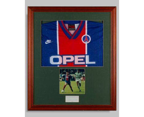 Jose Cobos blue, red and white Paris St-Germain v. Celtic match worn short-sleeved shirt, 1995, Nike, XL, with v-neck collar 