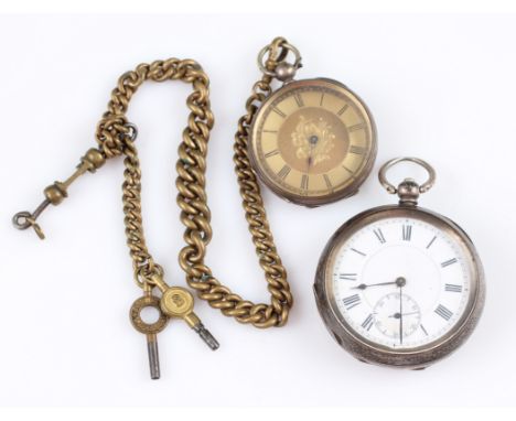 A silver open face key wind pocket watch, the white enamel dial having hourly Roman numeral markers with minute track border 
