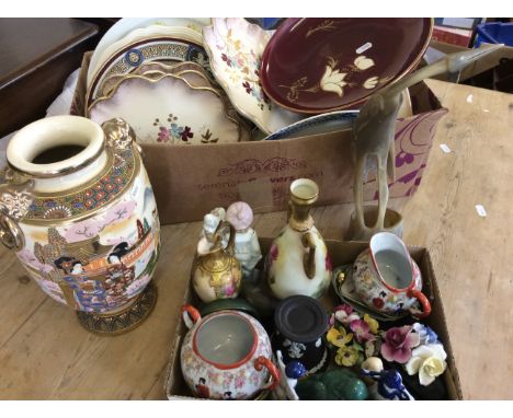 Various ceramicware including oriental urn, two Royal Worcester vases AF, jugs, figurines, plates, etc.