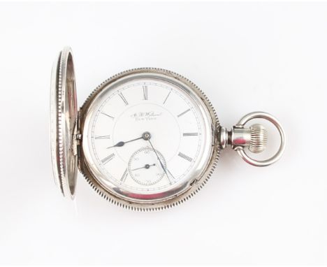 An American A.D. Wilson, New York, full hunter crown wind pocket watch, the white enamel dial having hourly Roman numerals wi