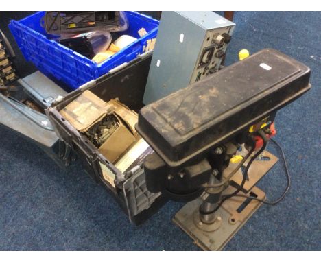 A selection of assorted tools and accessories including pillar drill, tool boxes etc.