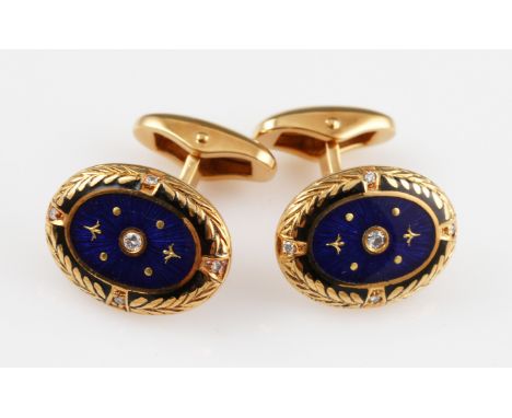 A pair of Fabergé by Victor Mayer 18ct yellow gold diamond and enamel cufflinks, the oval design featuring a central round br