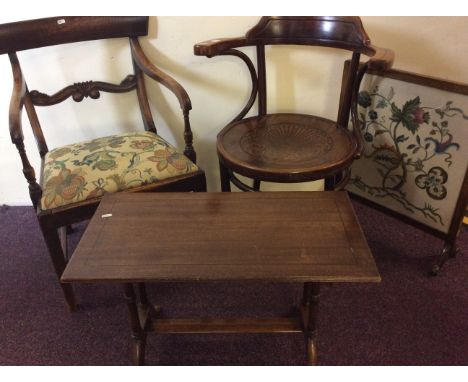 A bentwood chair with side table, oak Georgian carver armchair and firescreen.