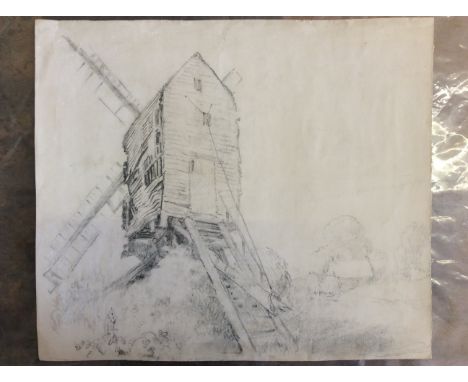 Circle of HENRY BRIGHT (1810 - 1873) Unframed, unsigned, pencil sketch on paper, cottage beside windmill, 36.5cm x 42.5cm.