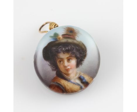 An early 20th Century American hand painted napkin brooch, featuring a ladies portrait with hat, with extendable chain to rev