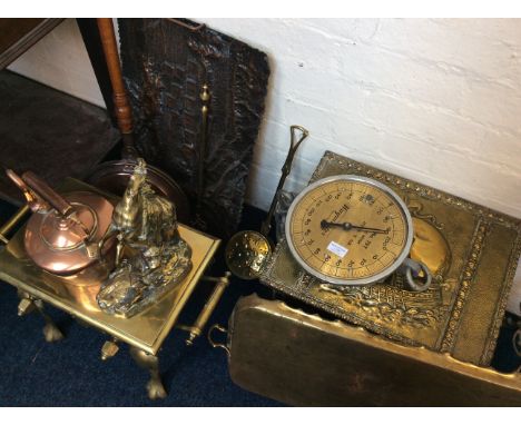 A collection of metalware including butchers scales, chestnut roaster, brass stands, copper warming pan, etc.