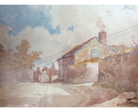 E. J. SNELL. Framed, signed, watercolour on paper, village scene together with an oval framed, indistinctly signed, Dalores? 