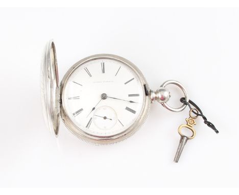 An American Illinois Watch Co. full hunter key wind pocket watch, the white enamel dial having hourly Roman numeral markers w