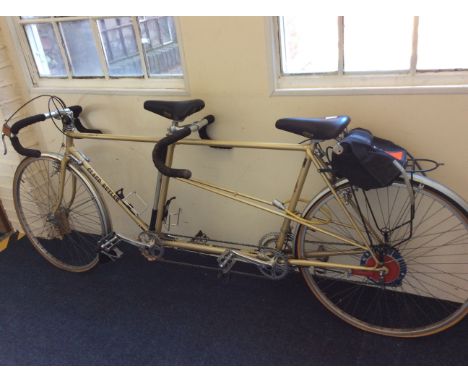 A Claud Butler Majestic Two tandem bicycle, with saddle bag and gold pearl frame, Reynolds 531.