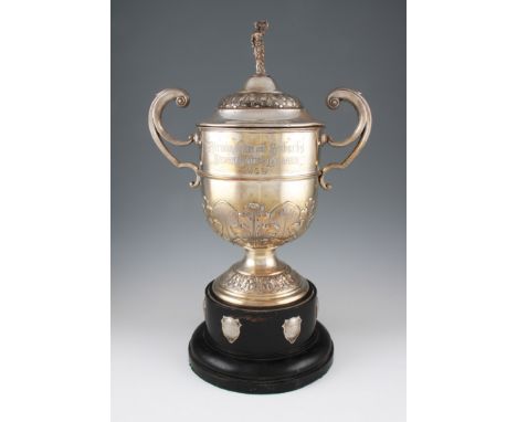 An early 20th Century silver twin-handled lidded trophy engraved ‘Birmingham and Suburbs Union Clubs League 1909’, featuring 