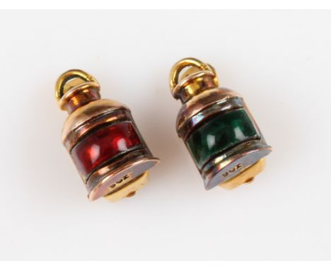 A pair of novelty railway lamp enamel earrings, stamped 9ct, weight approx. 6g.