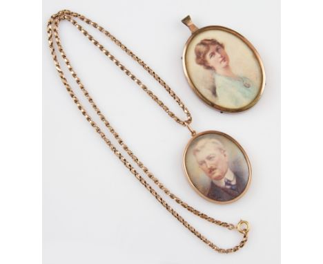 An oval portrait miniature of a gentleman, in a yellow metal pendant frame stamped 9ct, with additional portrait miniature re