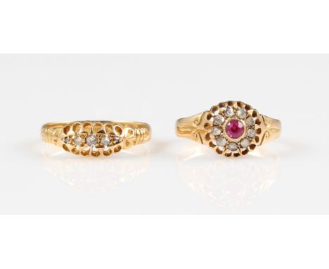 Two 18ct yellow gold early 20th Century rings, one ruby and diamond cluster ring, hallmarked Chester 1908, ring size M, the o